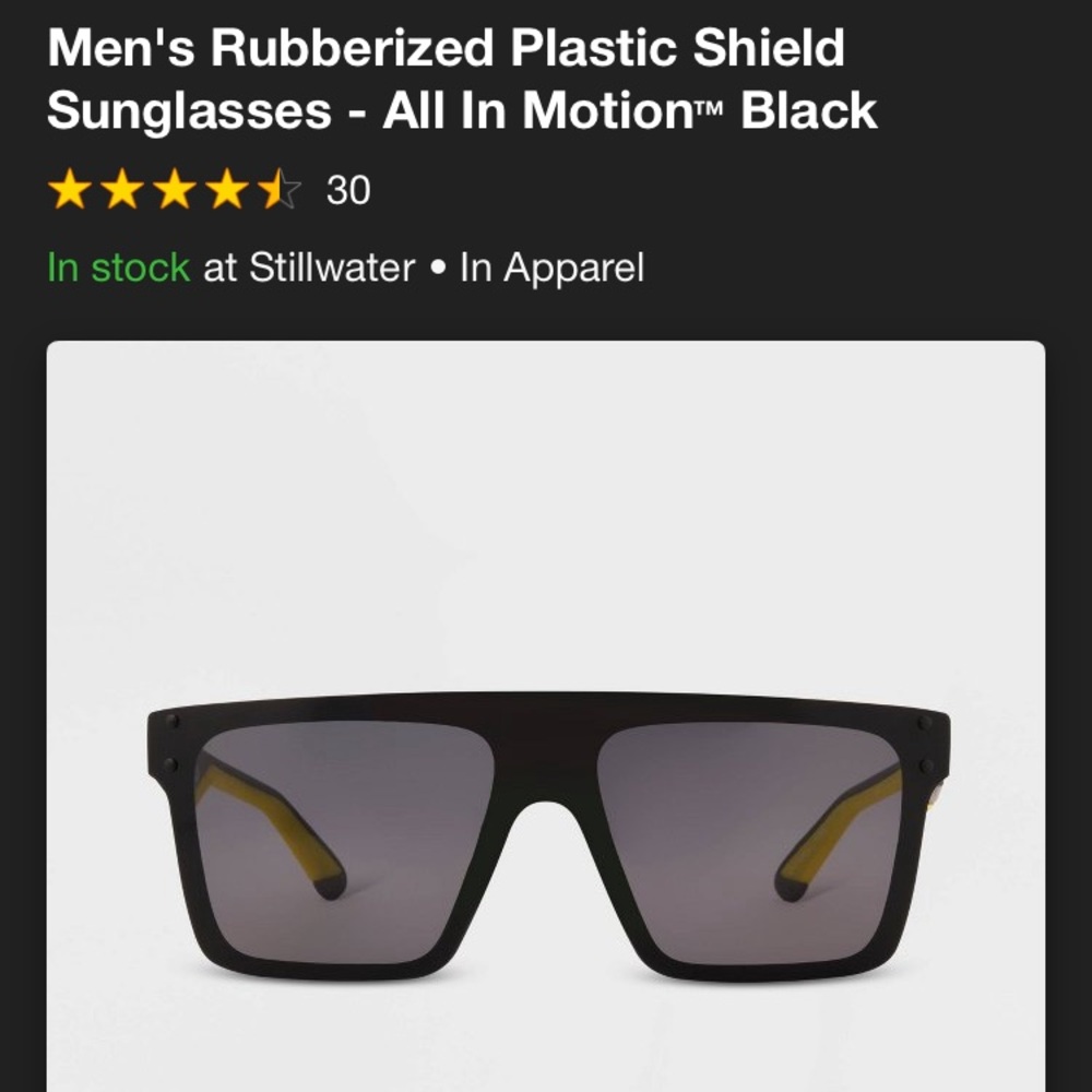 NWT All in Motion Men’s Rubberized Plastic Shield Sunglasses Black